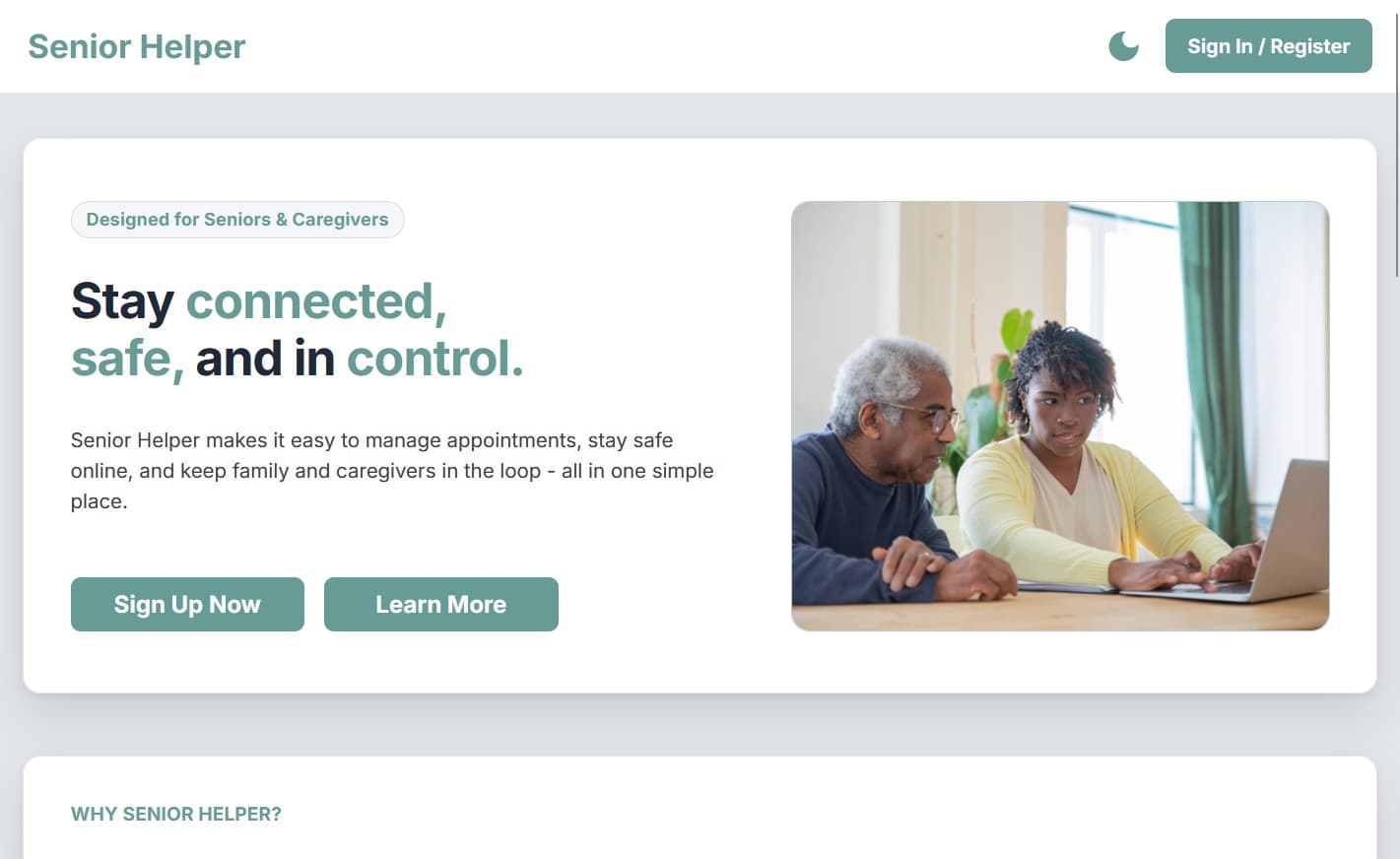 Screenshot of Senior Helper homepage